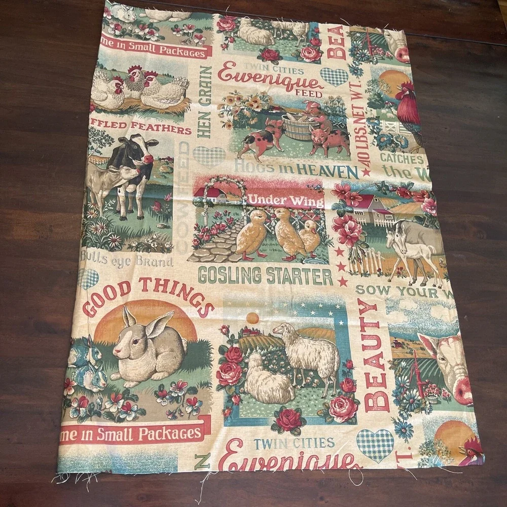 Vintage Concord Fabric Sharon Kessler Farm Animals Feedsack Labels Sripe 1 Yard - Picture 3 of 7